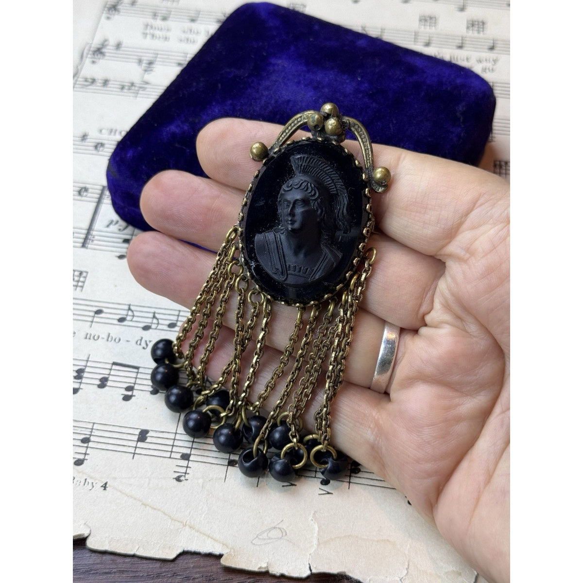 Black Cameo Brooch B Blumenthal & Co Goldtone Dangle Fringe 3.75” DAMAGED!