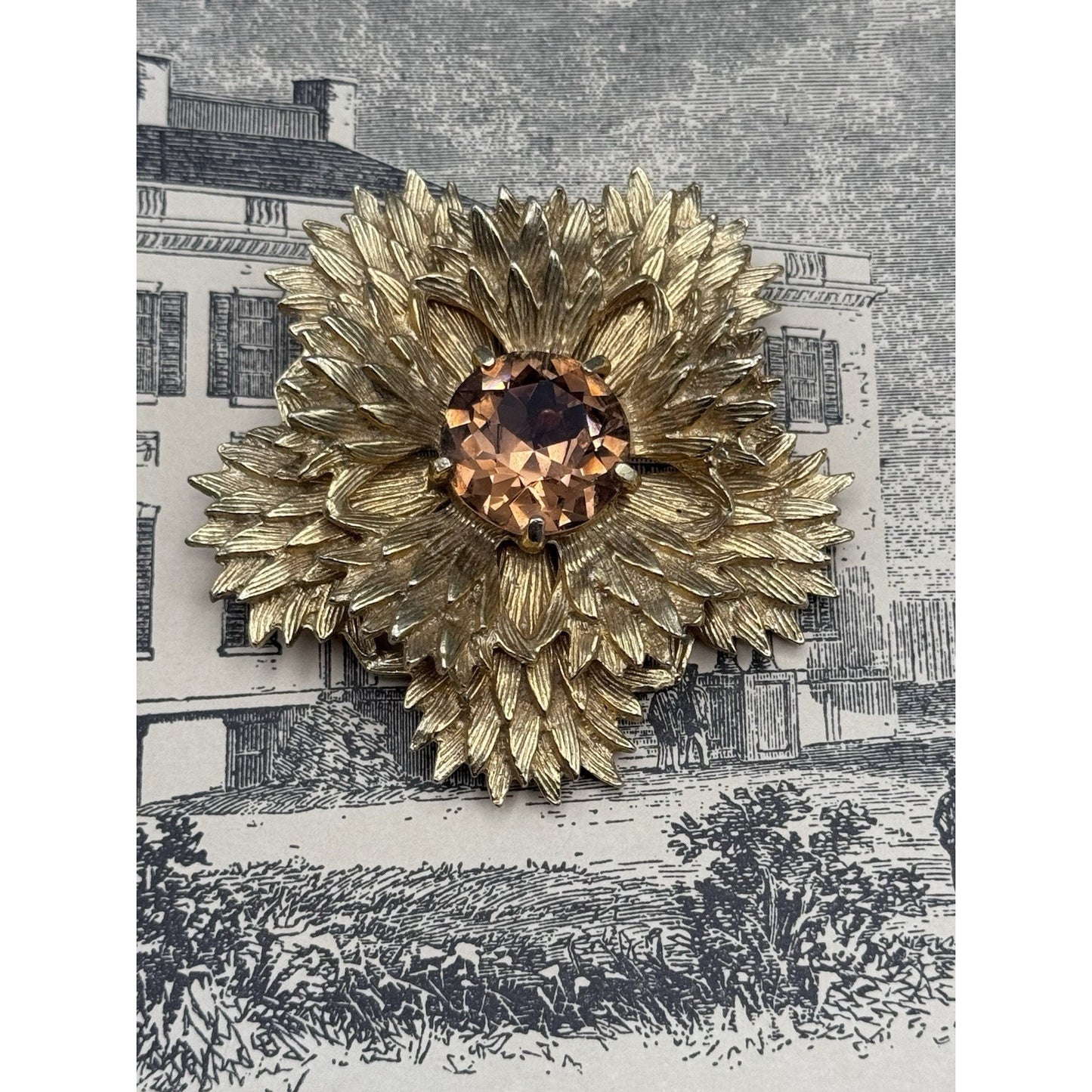 Benedikt NY Brooch Brutalist Smokey Rhinestone Star Burst Signed 2.5”