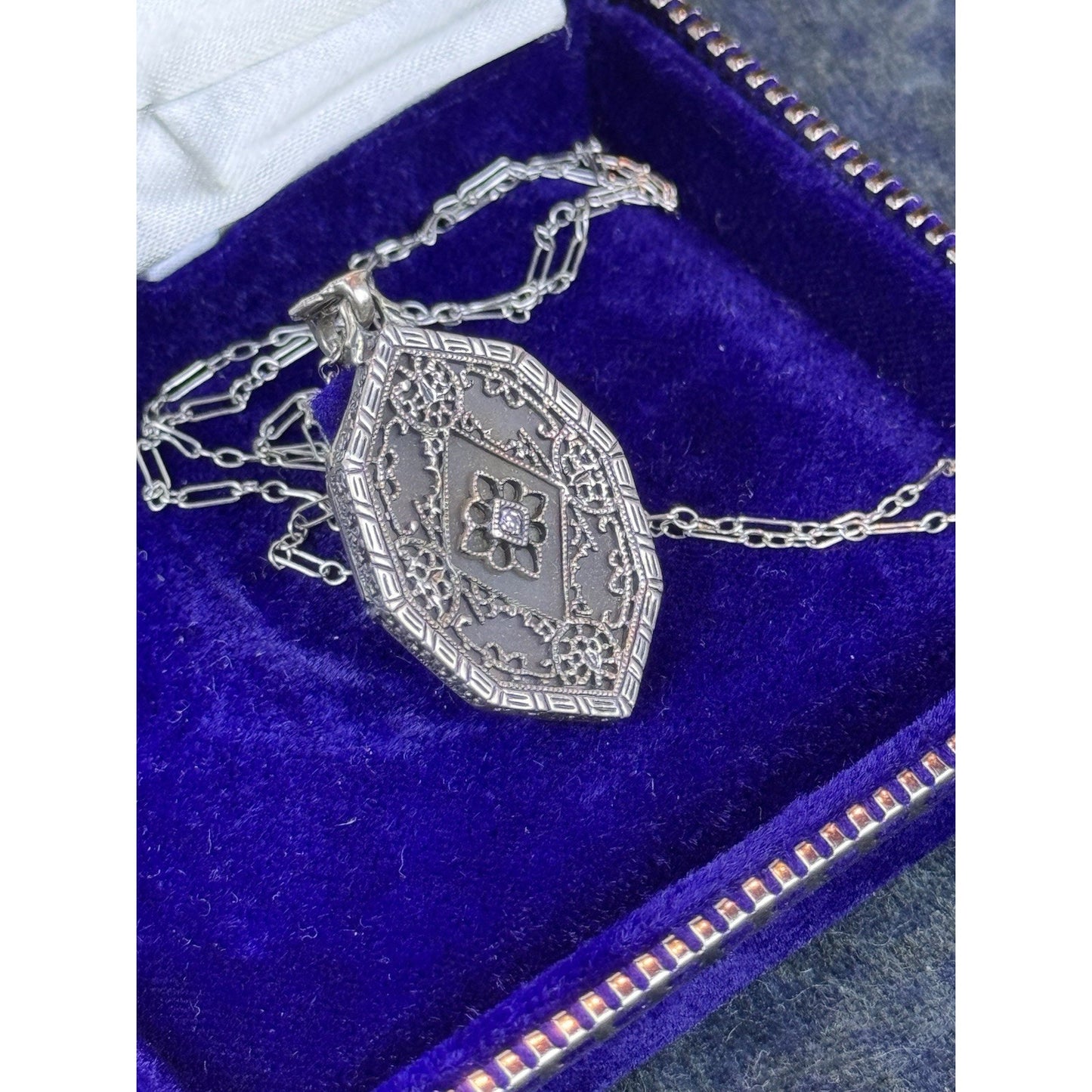 Sterling Camphor Glass Necklace Art Deco Style Filigree Pendant 19”