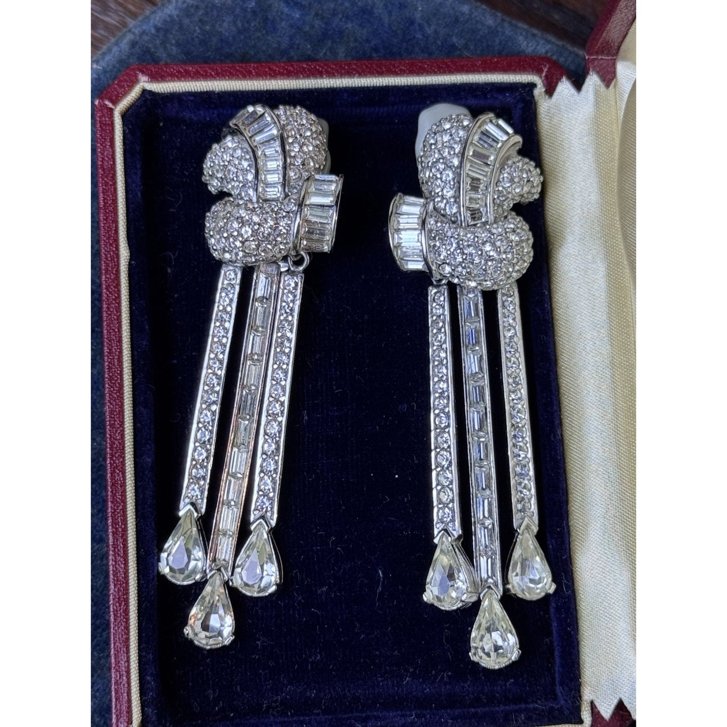 Vintage Ciner Rhinestone Dangle Clip Earrings 3” Baguette Pave