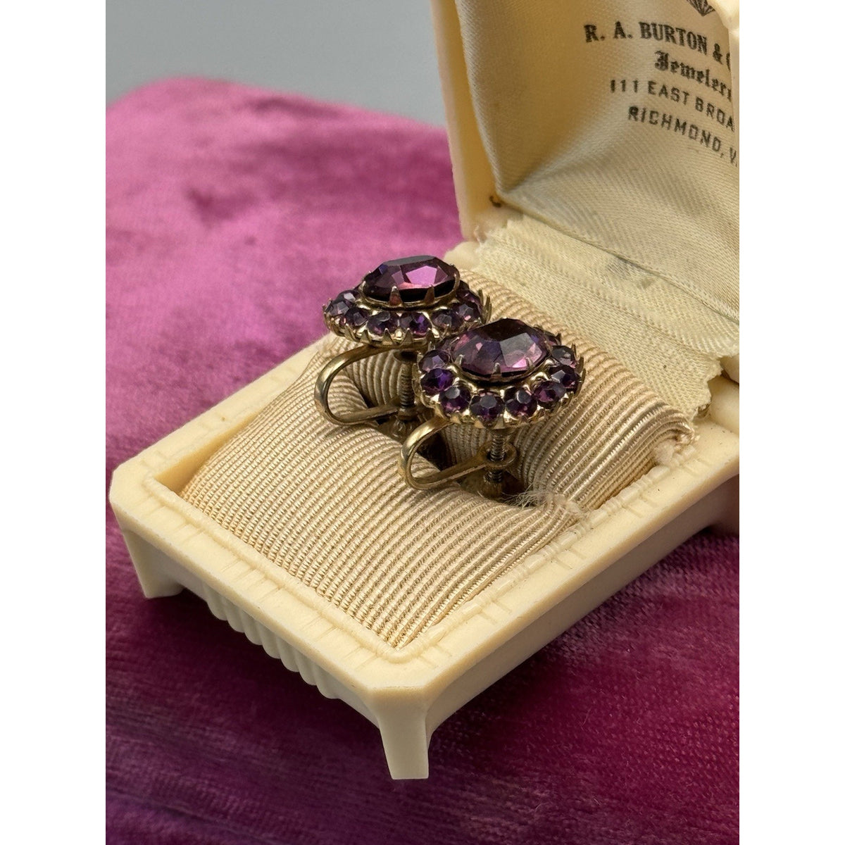 Vintage Earrings Purple Rhinestone Screw Back Goldtone Cluster .75” x .5”