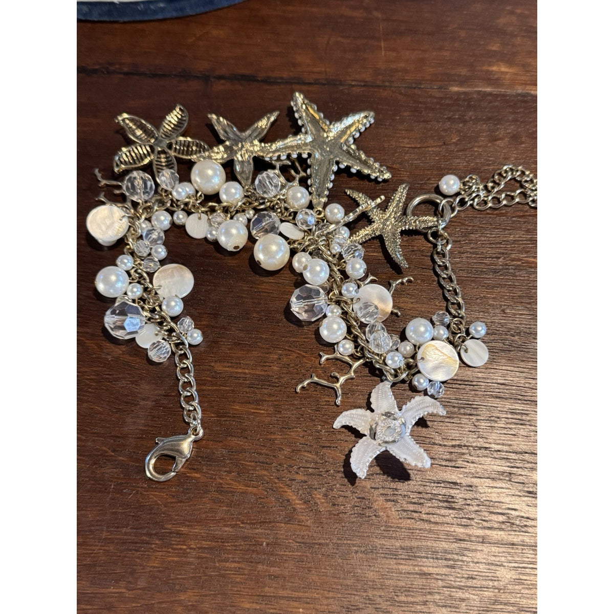 Goldtone Ocean Charm Necklace Starfish Faux Pearl Crystal Statement 19.5”