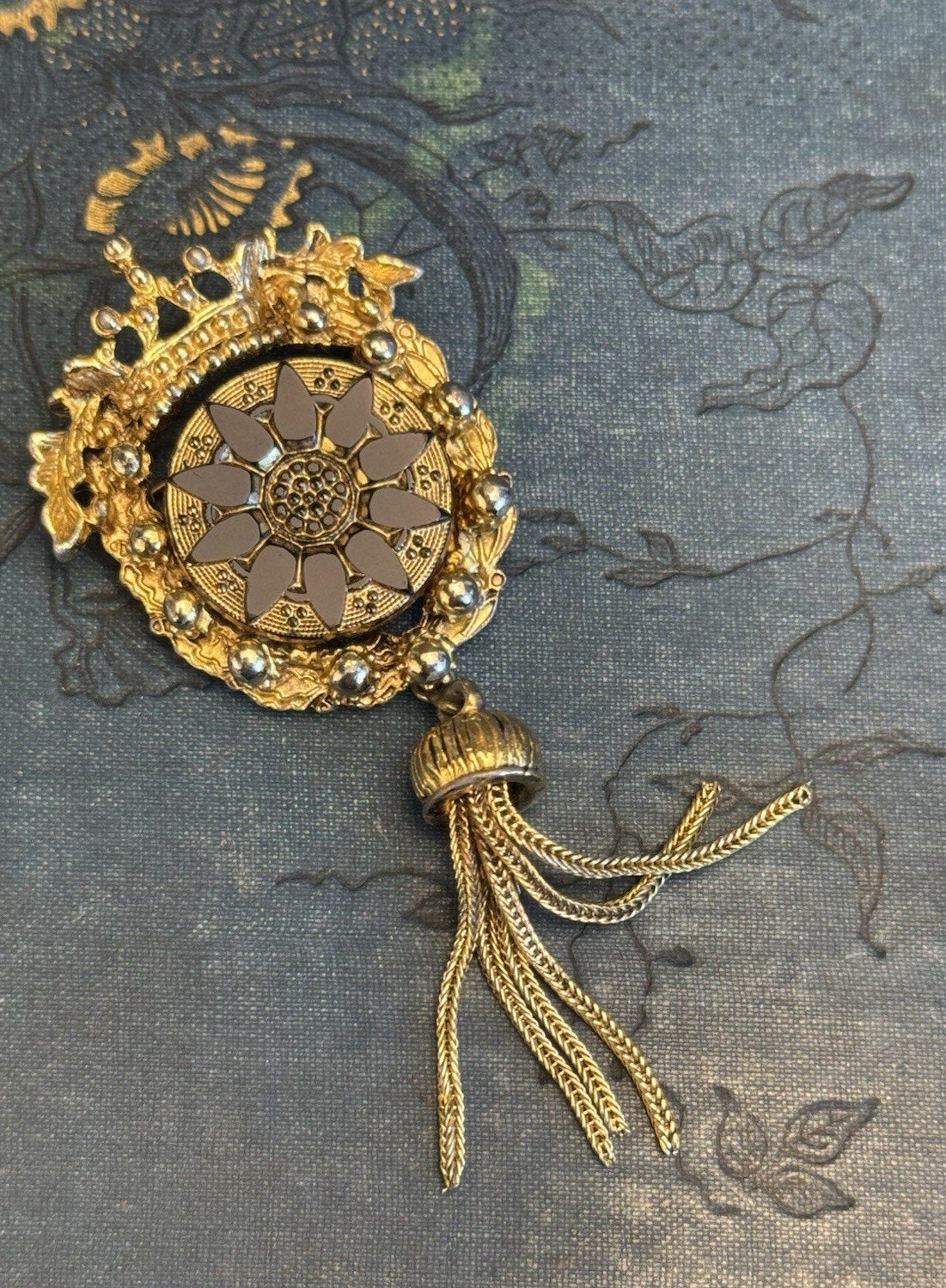 Vintage Brooch Signed SPHINX Black Goldtone Tassel Dangle Statement 3.25”
