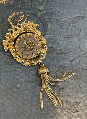 Vintage Brooch Signed SPHINX Black Goldtone Tassel Dangle Statement 3.25”