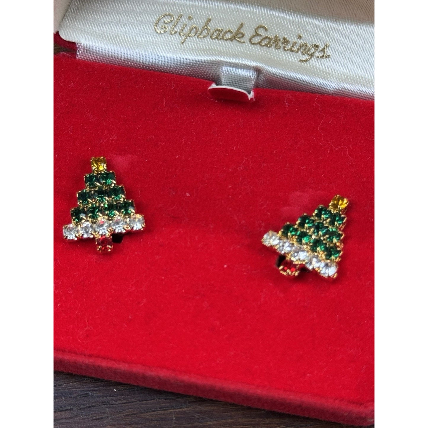 Christmas Tree Earrings .75” Clip On Goldtone Rhinestone Holiday Jewelry