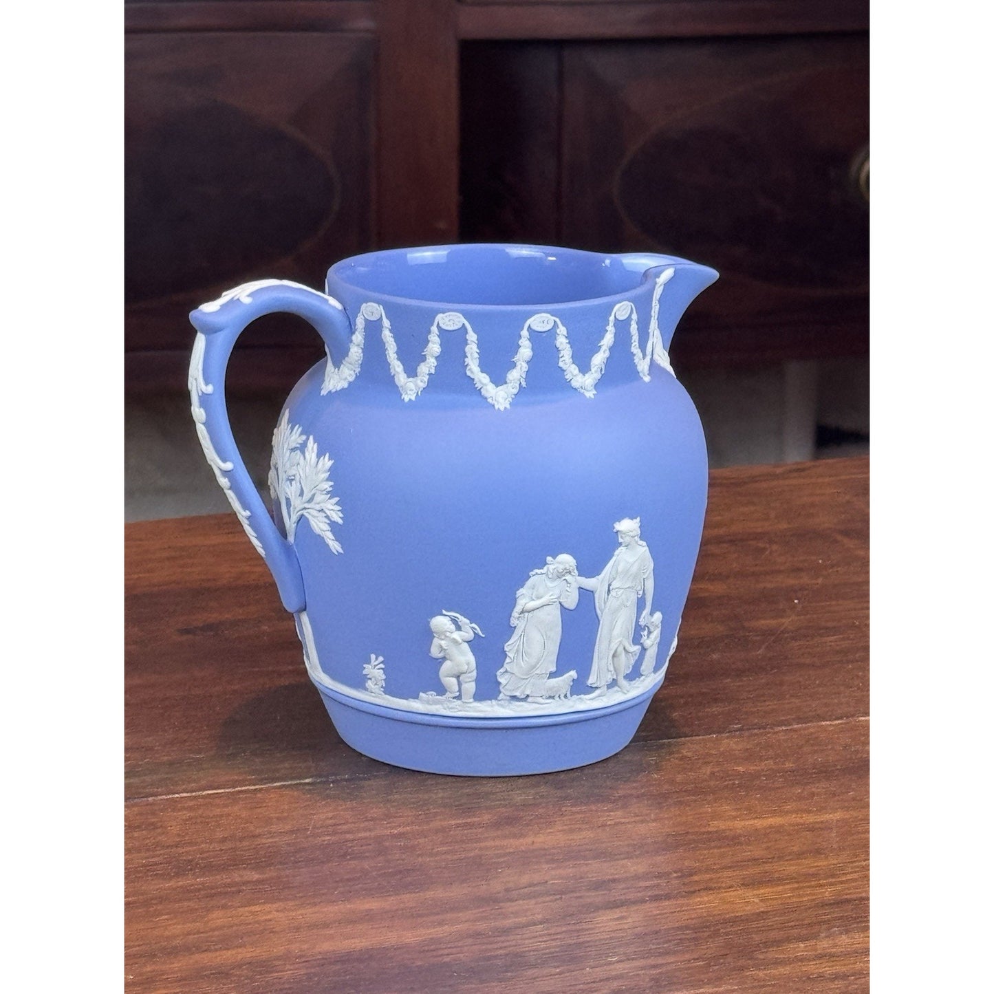 Vintage Wedgwood Jasperware Pitcher Blue White Classical Figures England 5”