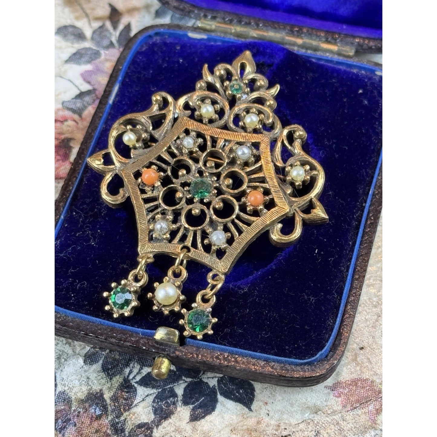 Vintage Jeweled Goldtone Brooch Faux Pearls Green Rhinestones Dangles 2.25”