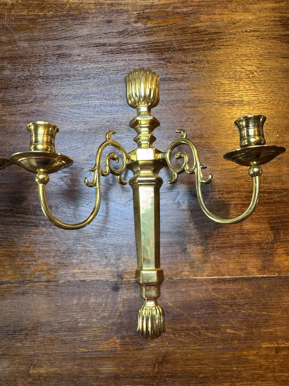 Pair Vintage Brass Wall Candle Sconces India Lacquered 2 Arm 15”