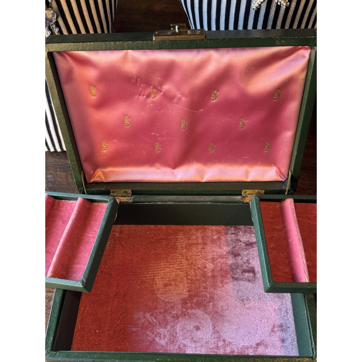 Vintage Green Jewelry Box Gold Scrollwork Pink Velvet Swing Trays 10.25”
