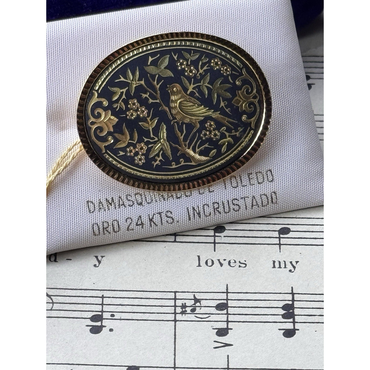 Toledo Damascene Bird Brooch 24K 18K Gold Inlay Spain 1.5”