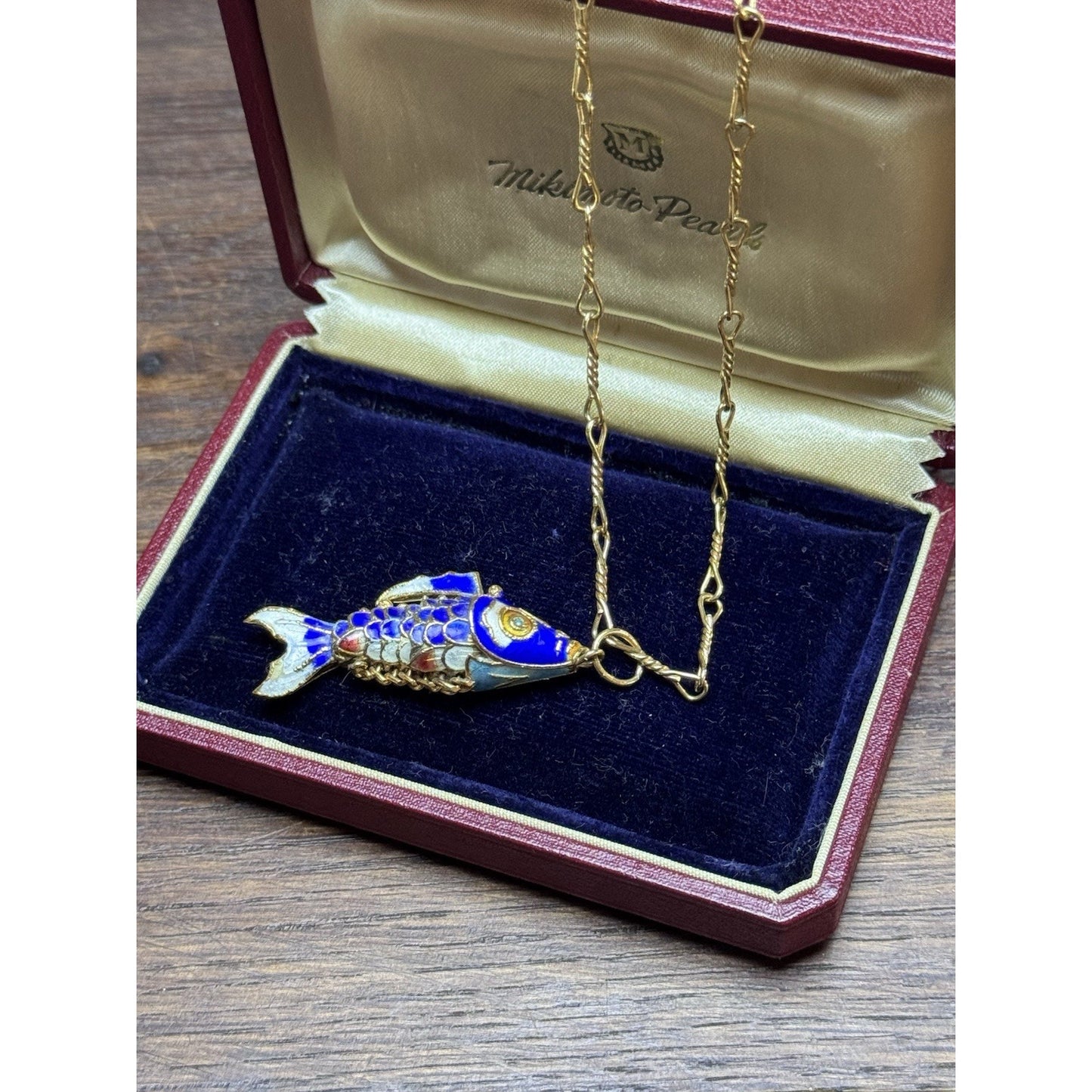 Articulated Koi Fish Pendant Necklace Blue Enamel Goldtone 28” Monet Chain
