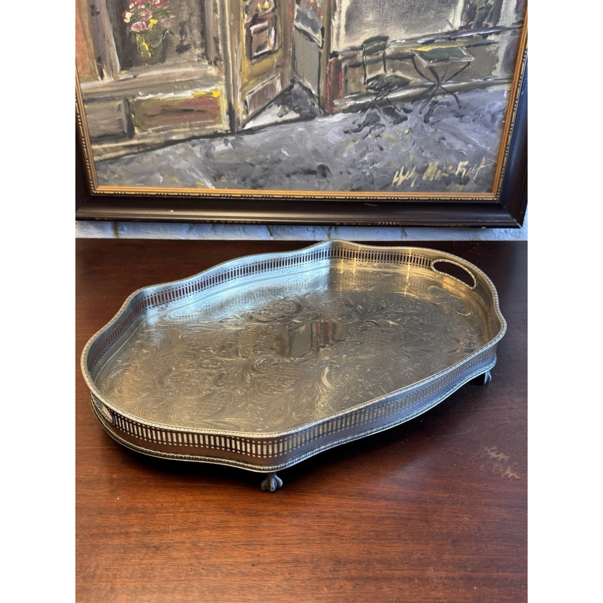 Silverplate Gallery Tray SHEFFIELD Serpentine Reticulated Chased Footed 18”