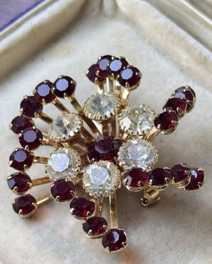 Vintage Brooch 2” Red Clear Rhinestone Goldtone Atomic Starburst Statement Pin