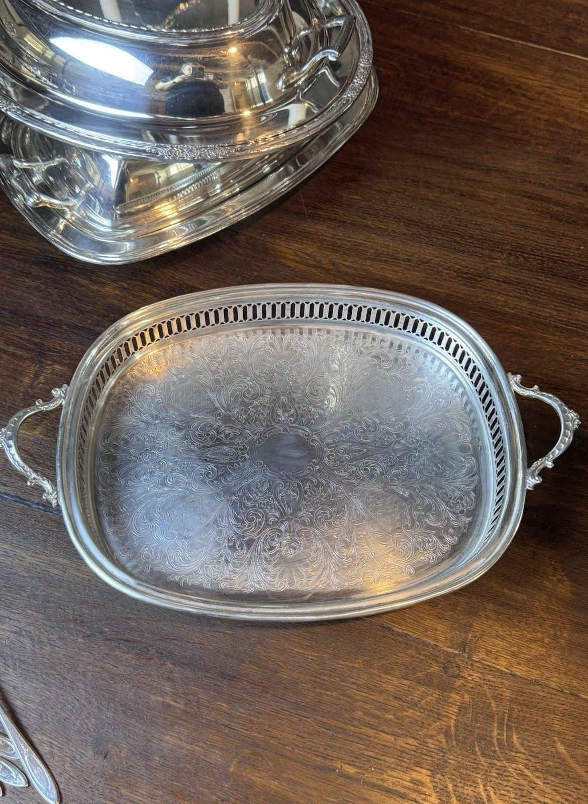 Silverplate Gallery Tray Footed Handled Wallace Ornate Serving Vanity 14”