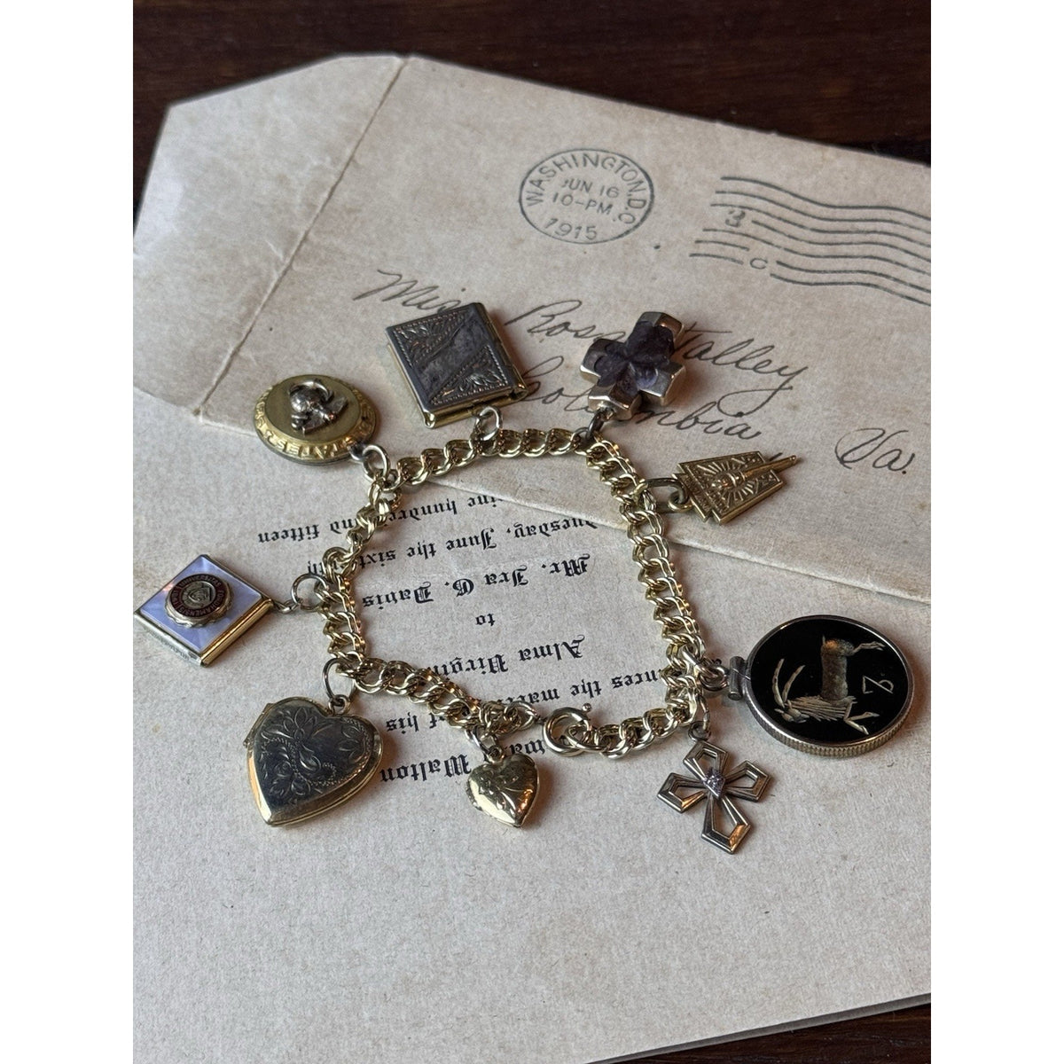 Gold-Filled Charm Bracelet 9 Charms Lockets Cross Marine Fordham 6.5”