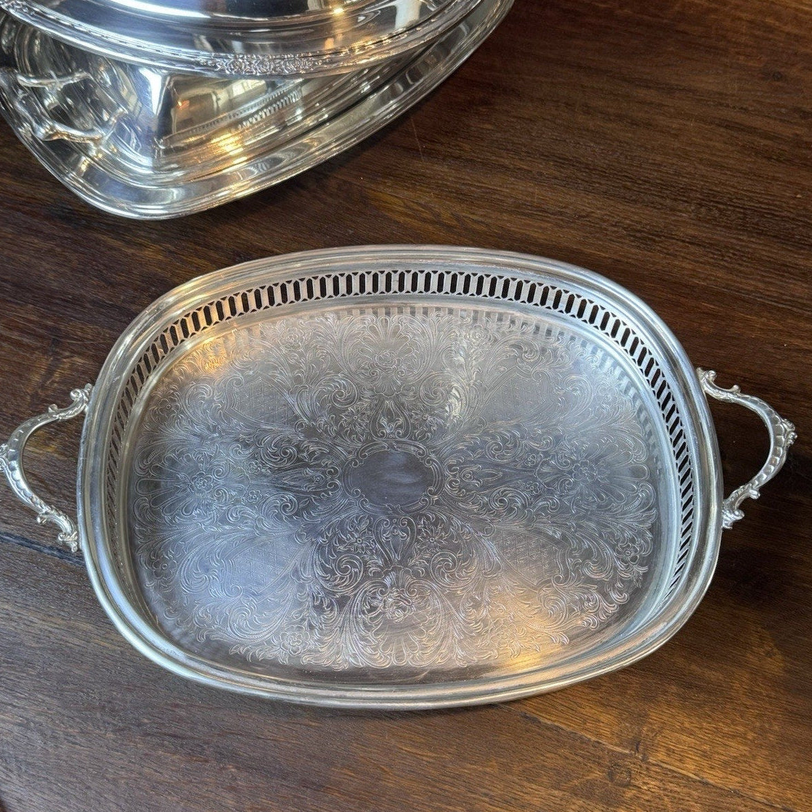 Silverplate Gallery Tray Footed Handled Wallace Ornate Serving Vanity 14”
