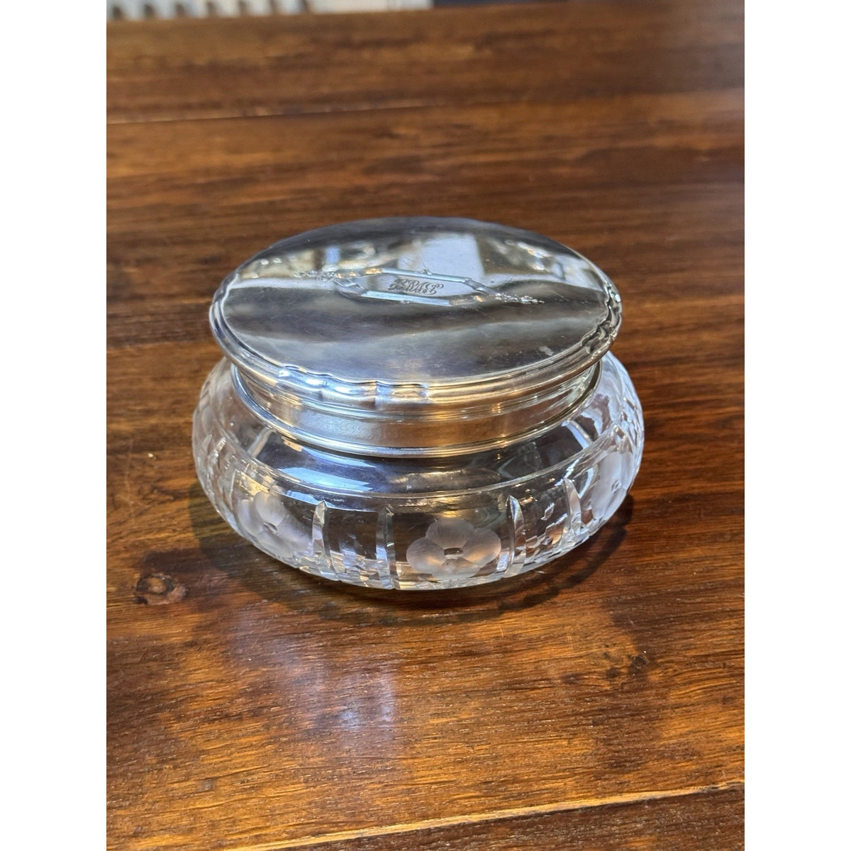 Art Deco Antique Crystal Jewelry Box Sterling Silver Lid Vanity 5.5”