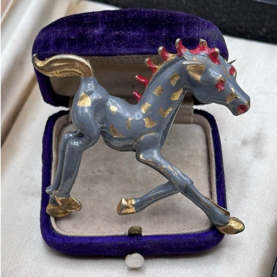 Vintage Horse Brooch Hand Painted Gray Red Gold Enameled Figural Equestrian