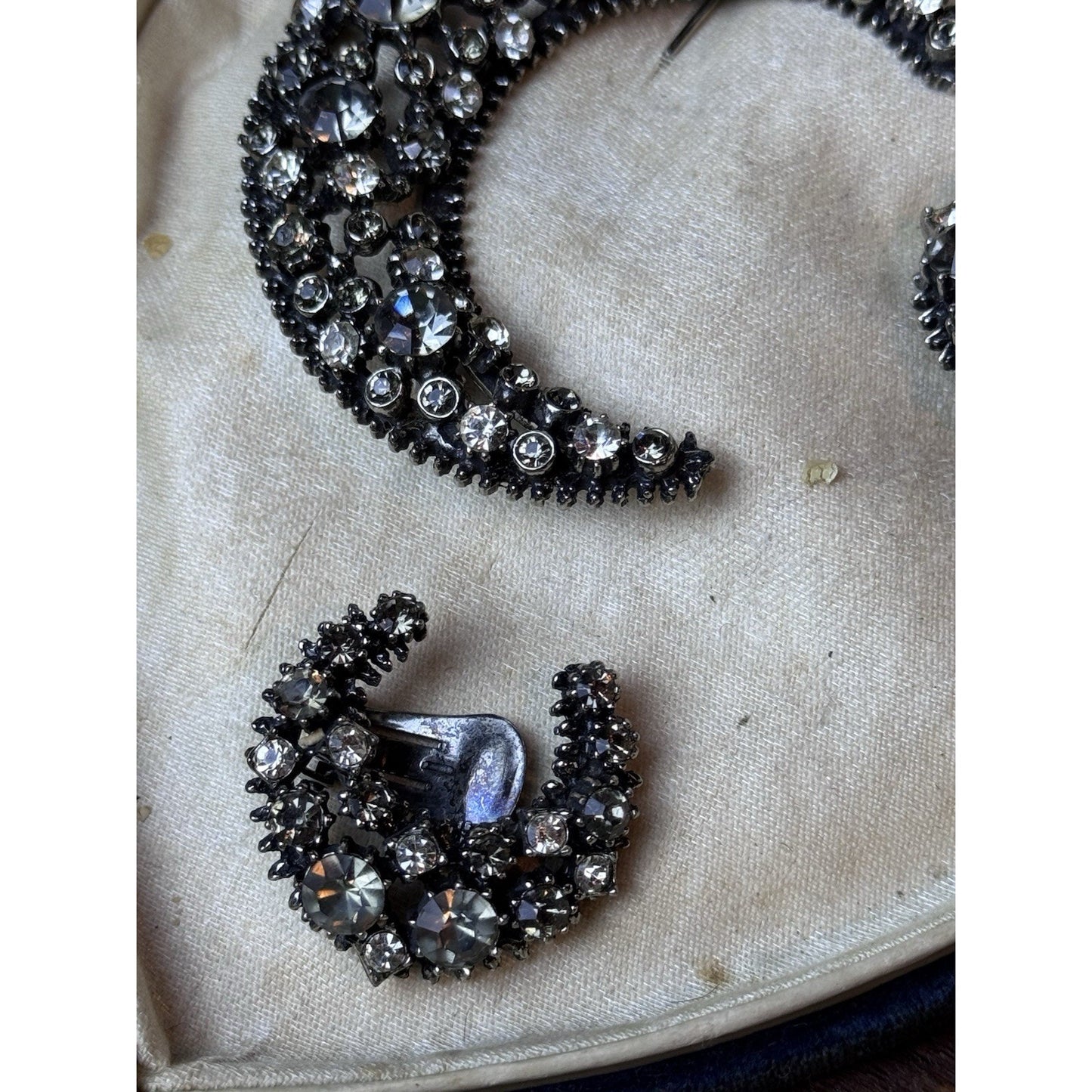 Vintage Rhinestone Crescent Moon Brooch Earrings Set Gray Clear Clip-On 3 Pc