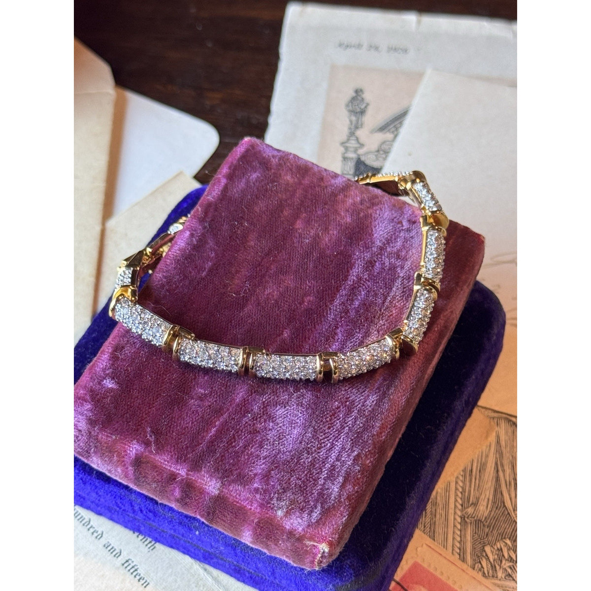 Swarovski Crystal Bracelet Goldtone Pavé Tennis Link Signed 7” 8” w. Extension