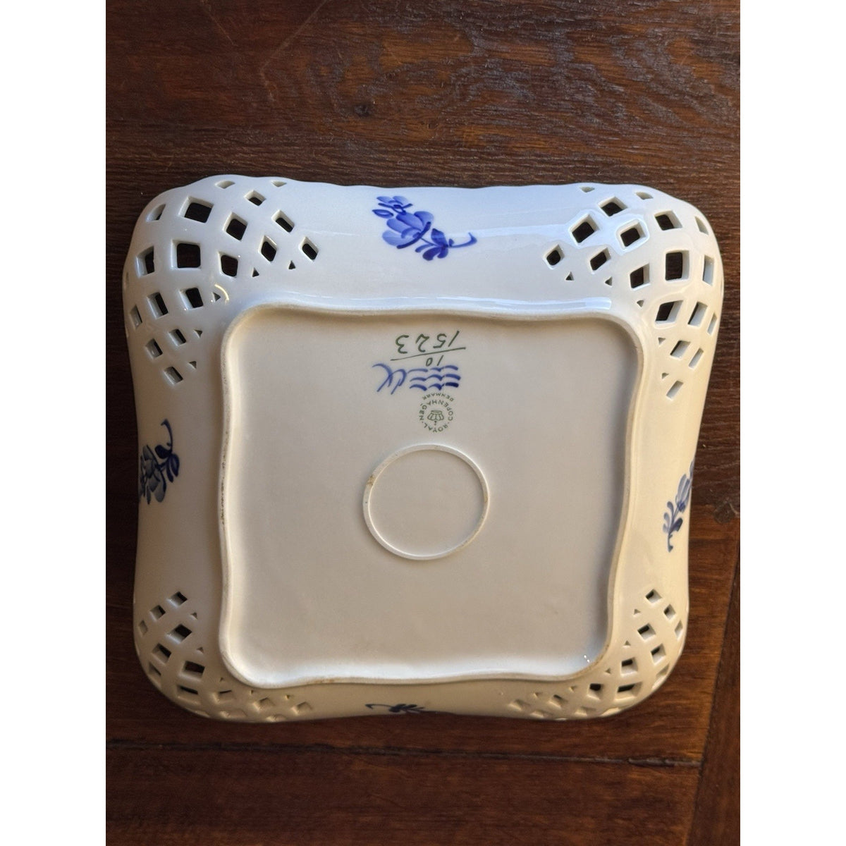 Royal Copenhagen Porcelain Reticulated Blue White Square Bowl 9.25” VINTAGE