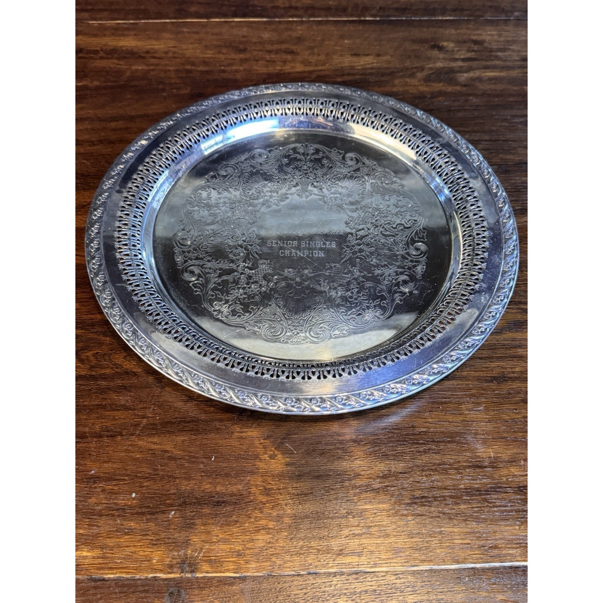 Silverplate Reticulated Charger Tray Ornate Engraved Tennis Trophy 1972 12”