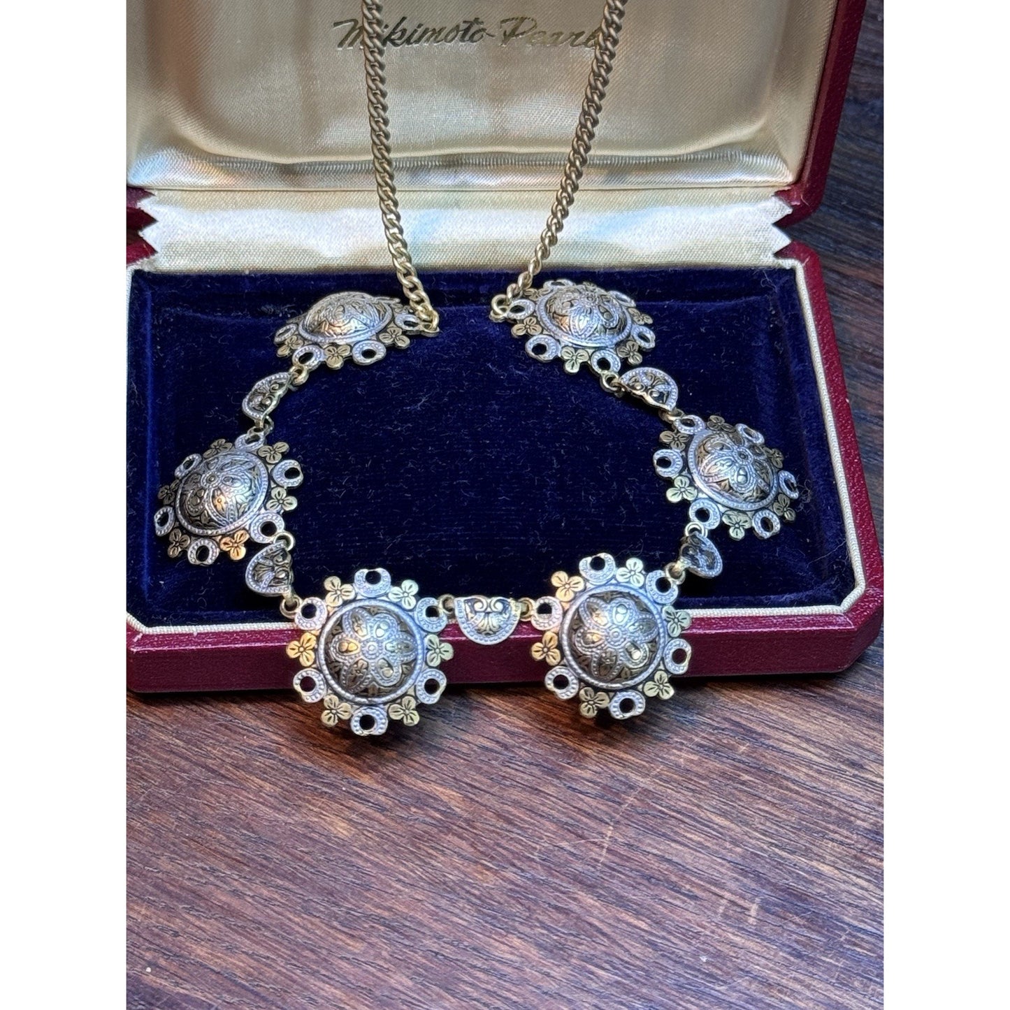 Vintage Damascene Necklace Toledo Spain Gold & Silver Tone Floral