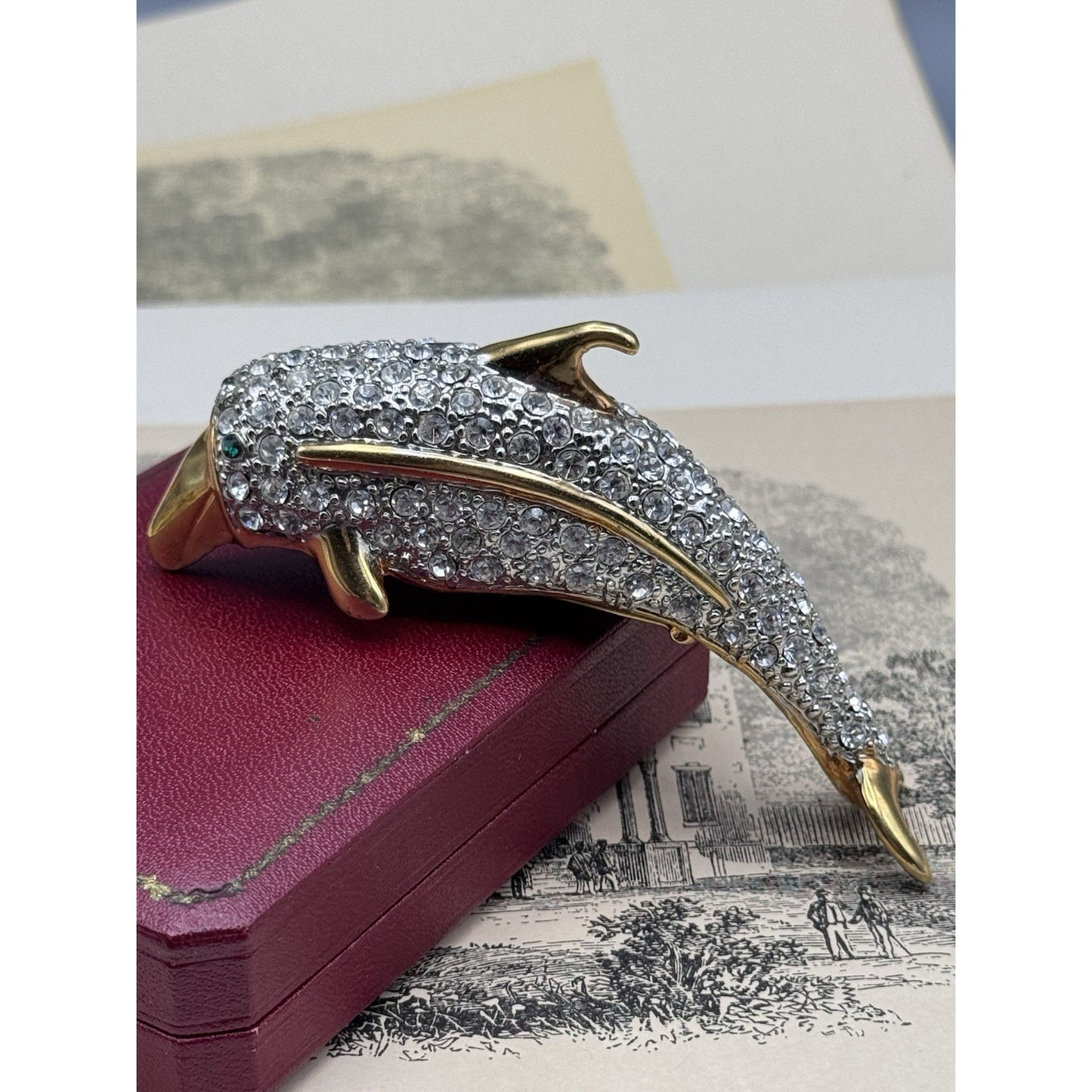 Shoulder Brooch Dolphin Rhinestone Goldtone Pavé Crystal Figural 3.75” VINTAGE