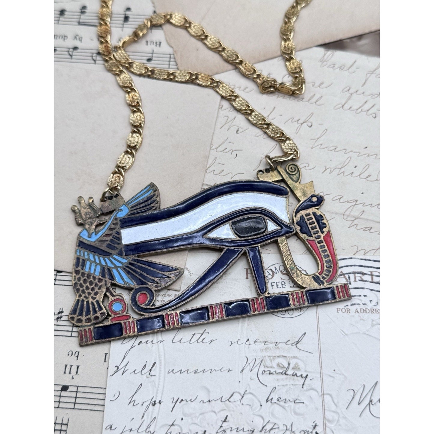 Vintage Egyptian Revival Eye of Horus Enamel Brass Statement Necklace 24”