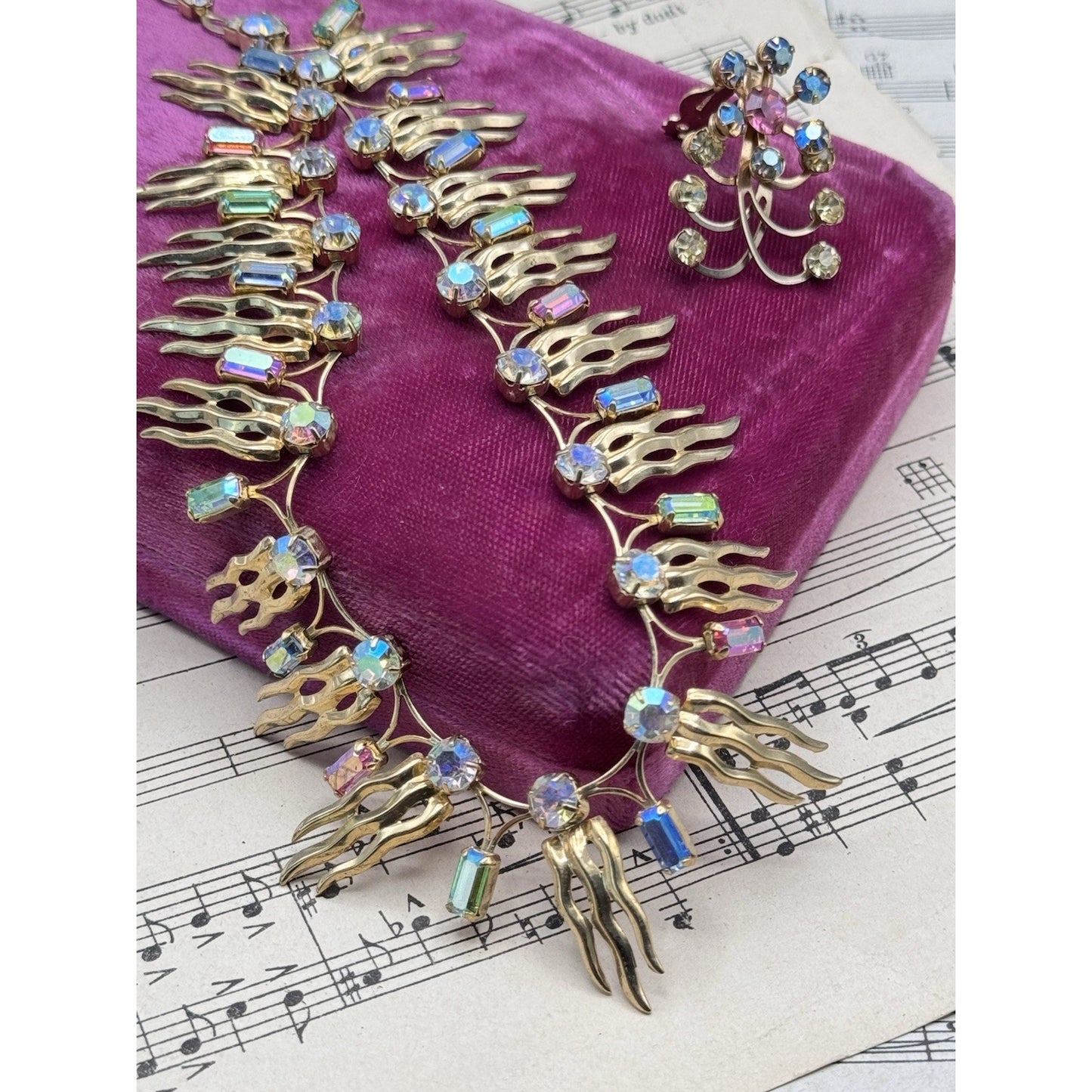 Mid Century Rhinestone Necklace Earrings Set Multicolor AB Goldtone 16”