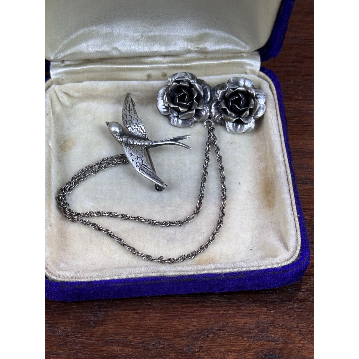 Vintage Sterling Silver Chatelaine Brooch Swallow Roses Double Chain 5.25”