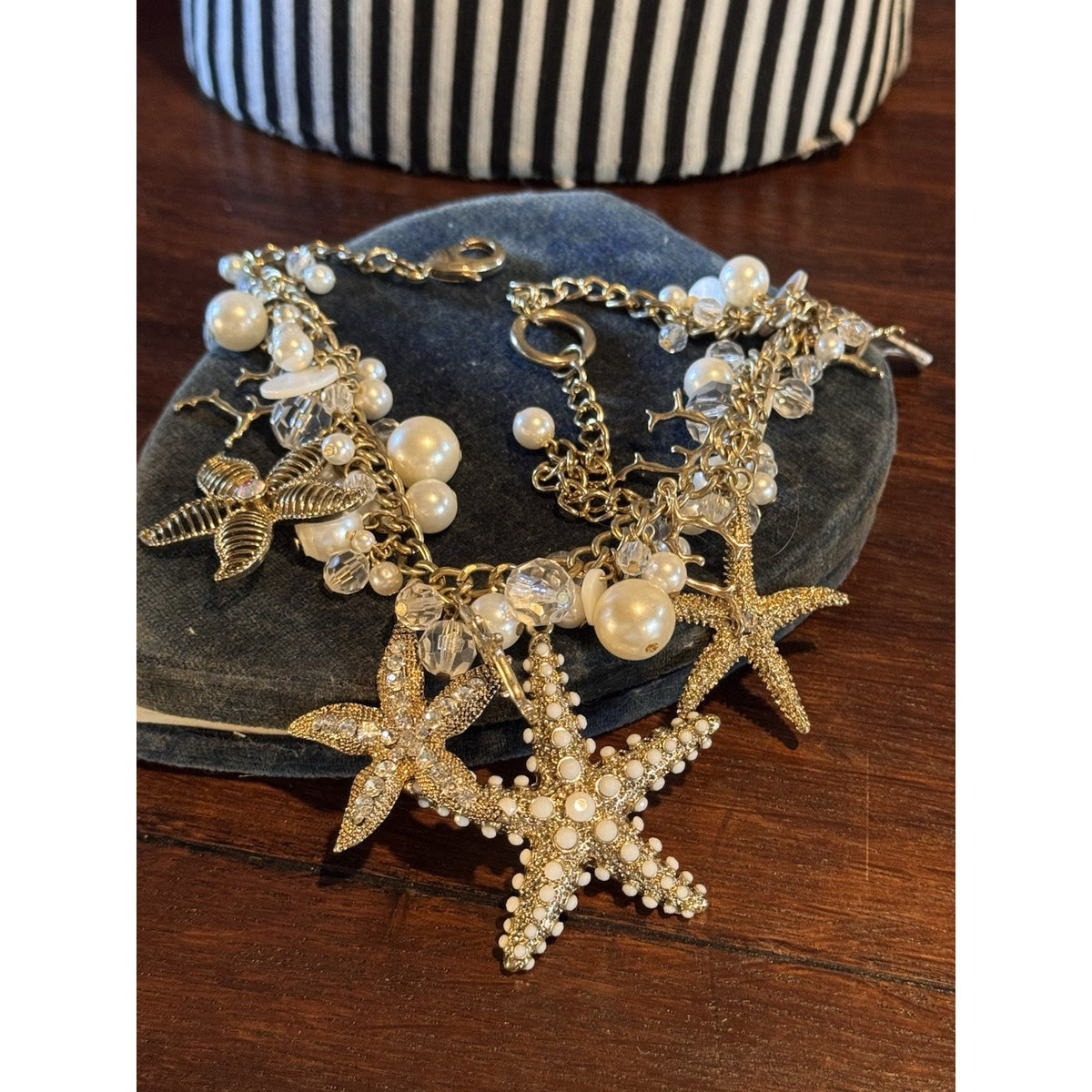 Goldtone Ocean Charm Necklace Starfish Faux Pearl Crystal Statement 19.5”