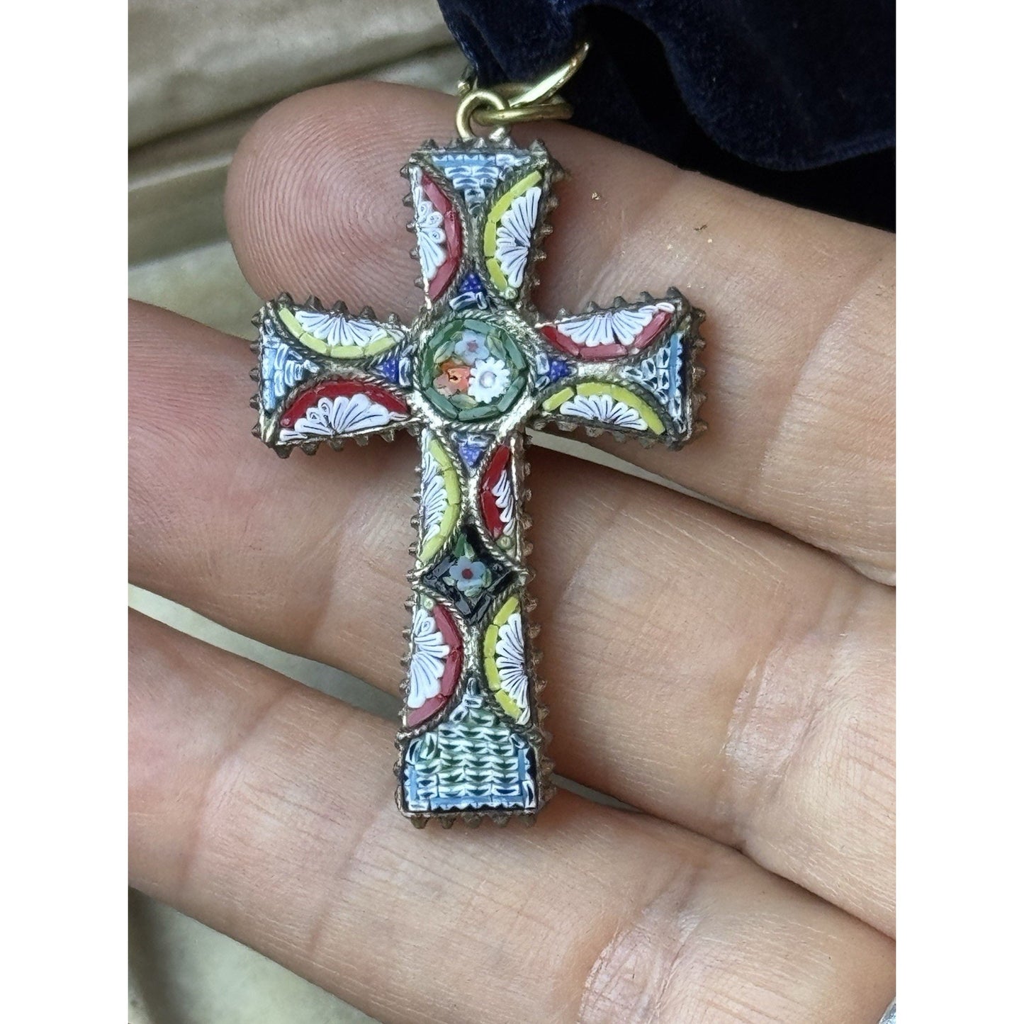 Antique Cross Italian Micro Mosaic Pendant Blue Velvet Ribbon Floral 1.5”