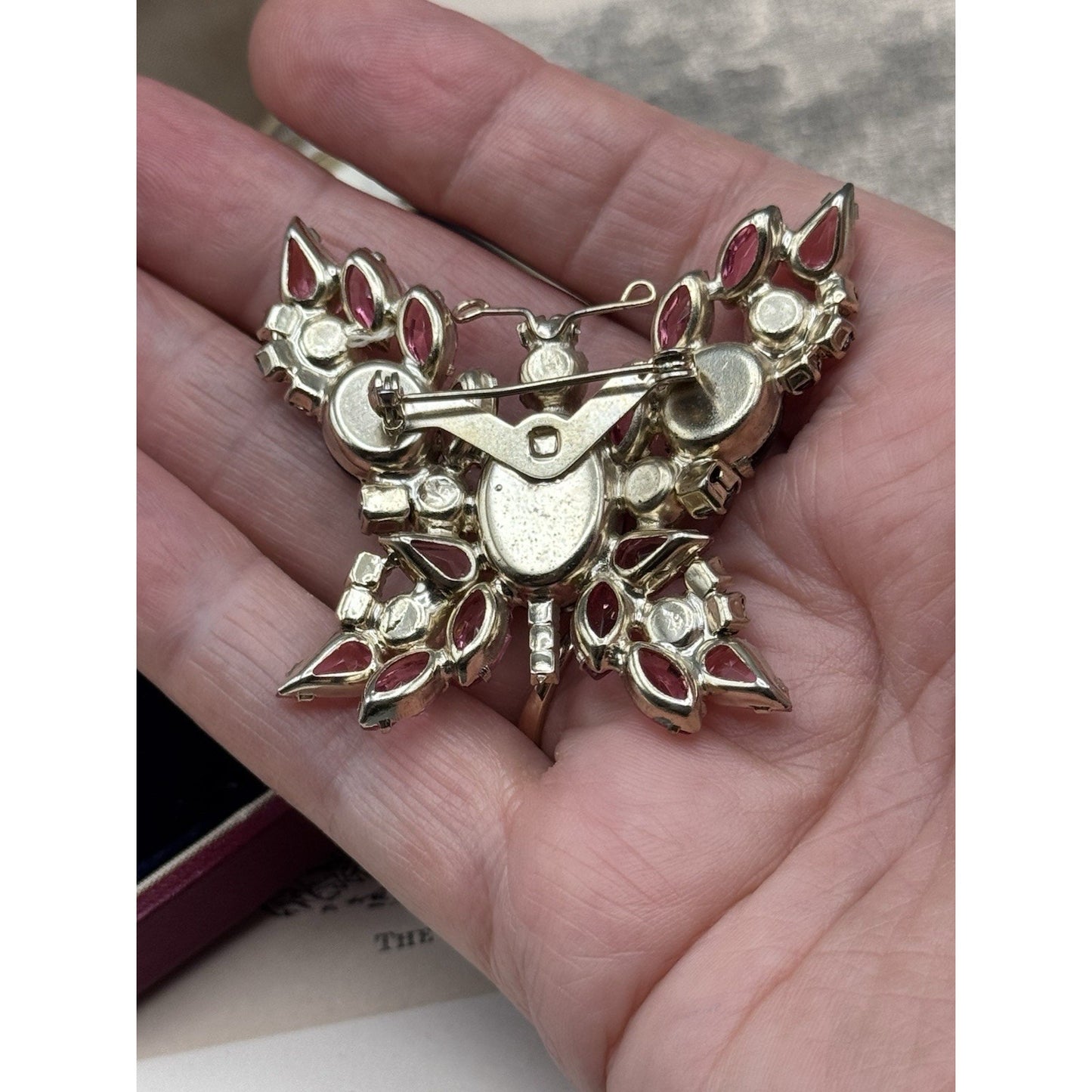 Vintage Butterfly Brooch Pink Red Rhinestone AB Crystal Goldtone Figural 2”