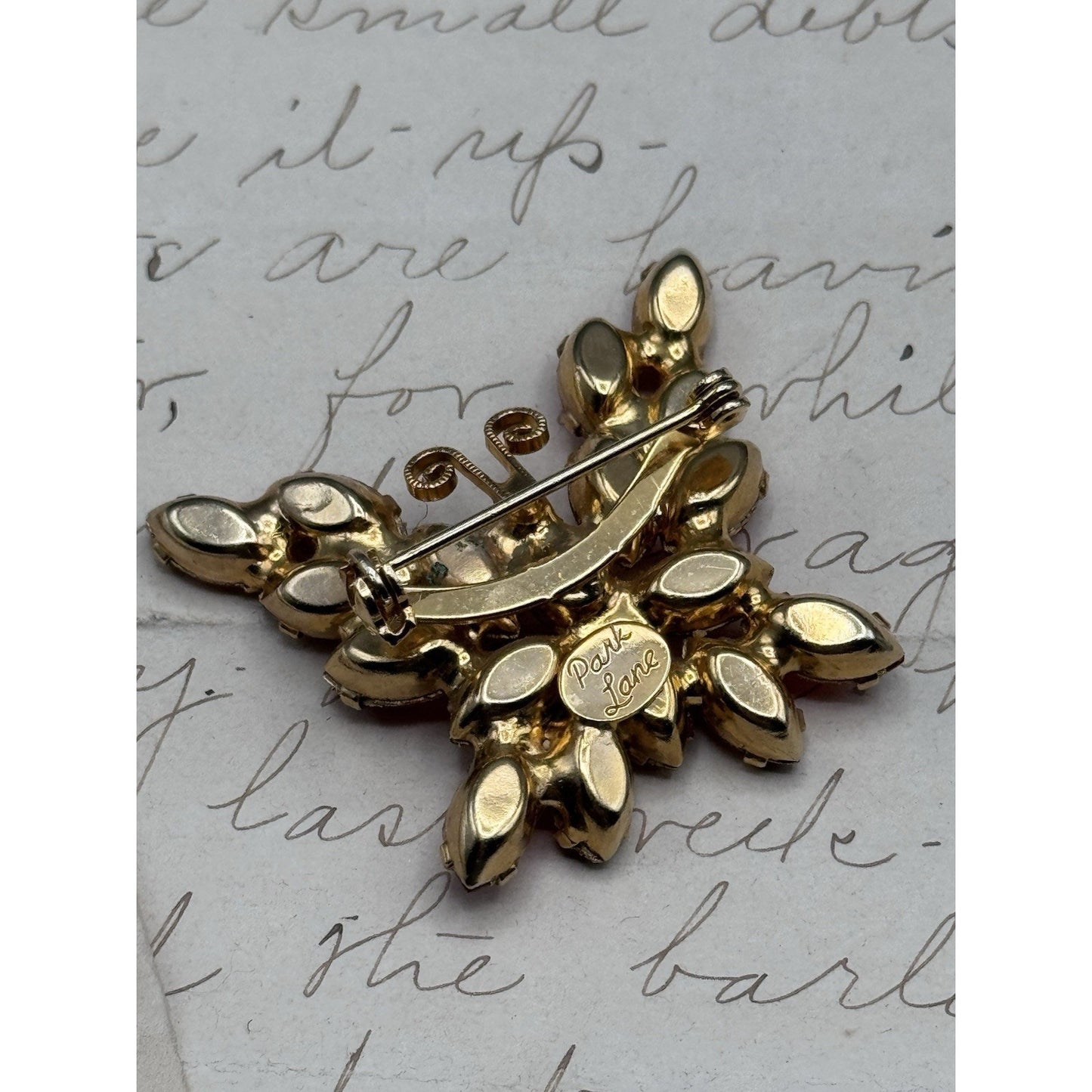Park Lane Butterfly Brooch Rhinestone Burnt Orange Gold Signed 1.5” VINTAGE