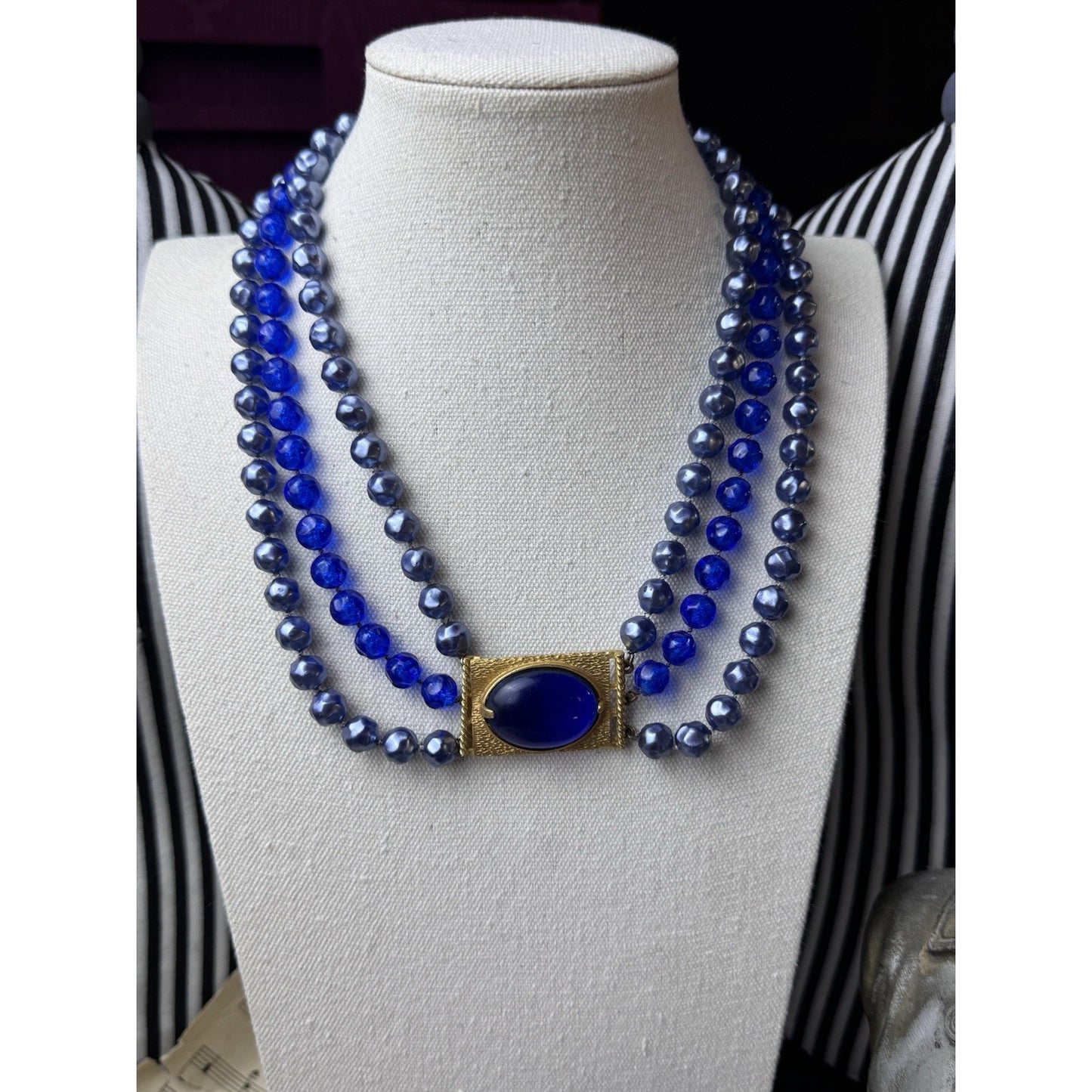 Vintage Blue Lucite Beaded Necklace Goldtone 3 Strand Statement 20”