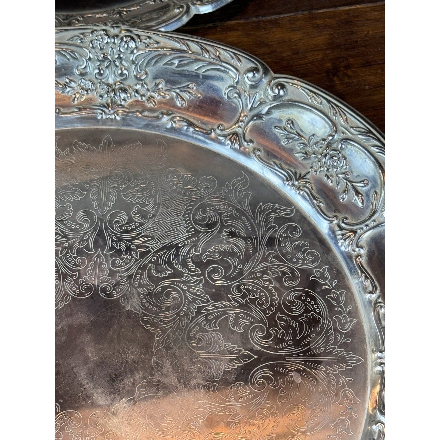 Silverplate Trays Set of 3 Leonard Repoussé Floral 14.5” 10.5” 8” VINTAGE