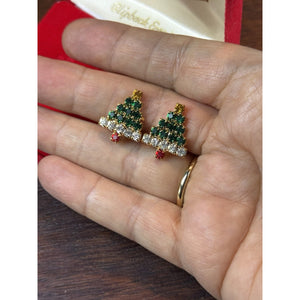 Christmas Tree Earrings .75” Clip On Goldtone Rhinestone Holiday Jewelry