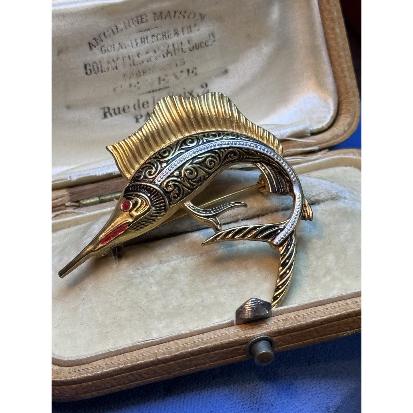 Goldtone Spain Damascene Brooch Pin Enamel Swordfish Marlin Vintage
