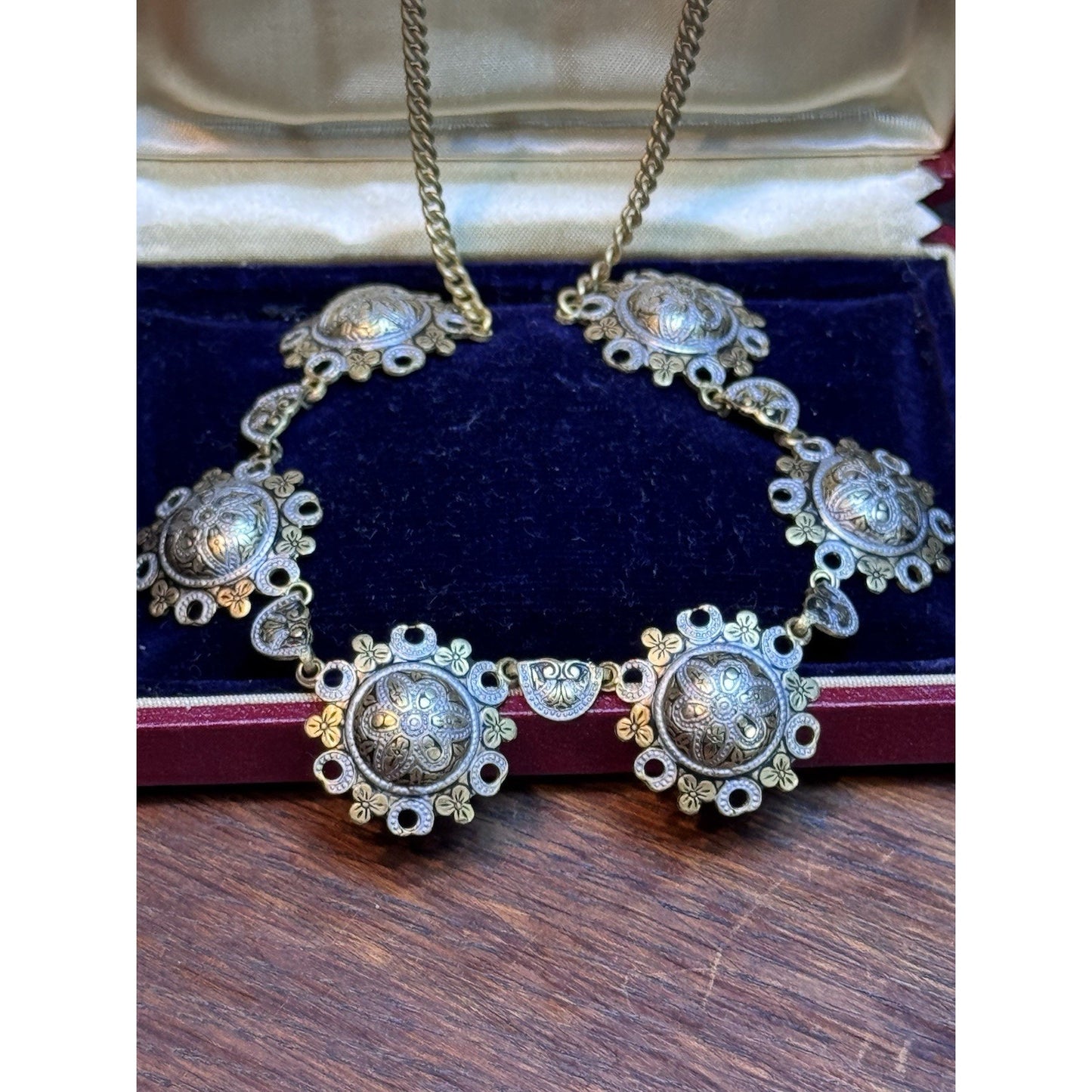 Vintage Damascene Necklace Toledo Spain Gold & Silver Tone Floral
