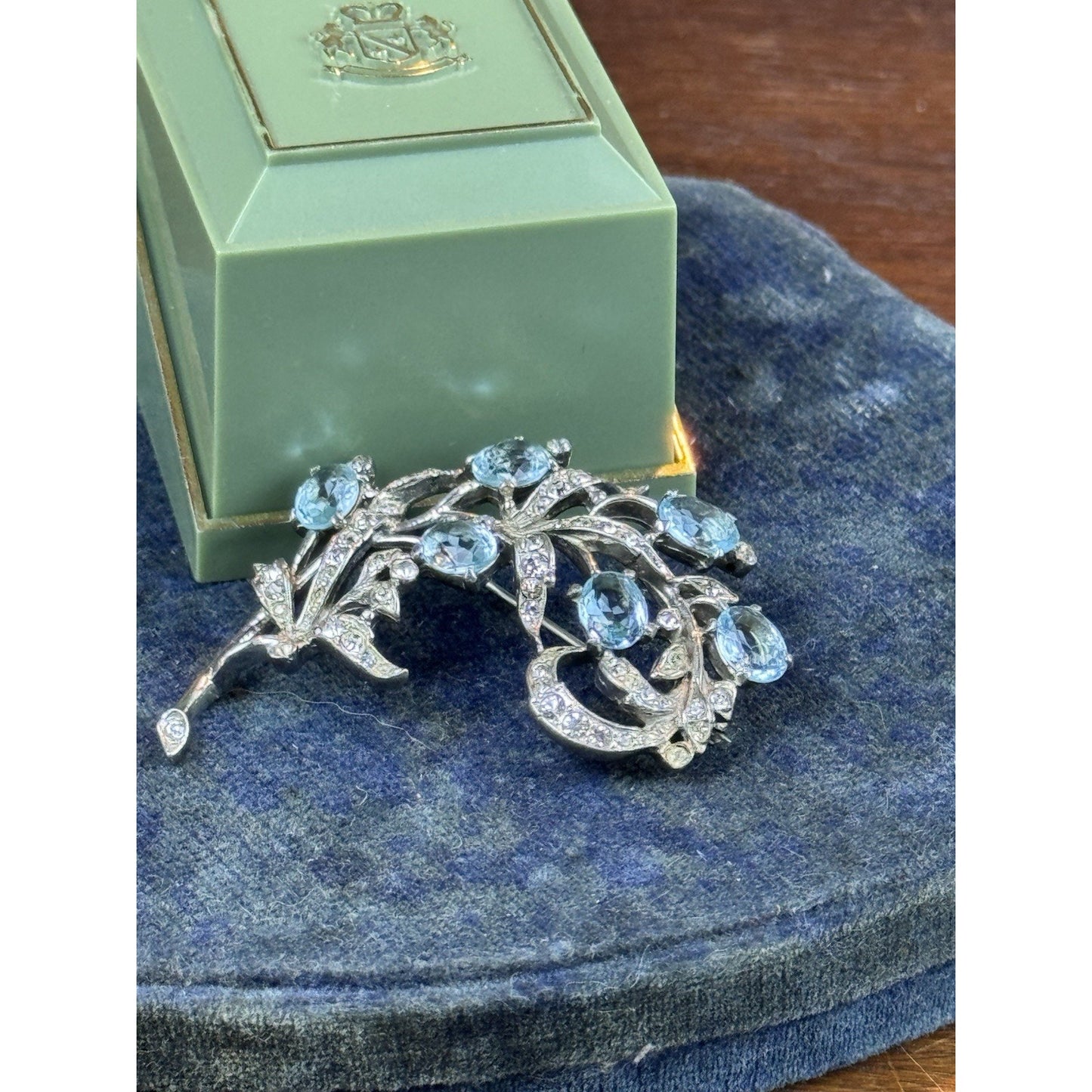 Vintage Trifari Sterling Brooch Aqua Blue Clear Rhinestone Floral Spray 2”