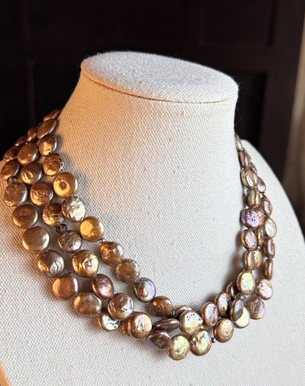 Silpada Bronze Coin Pearl Necklace 3 Strand Sterling Silver 11mm Extender 18”