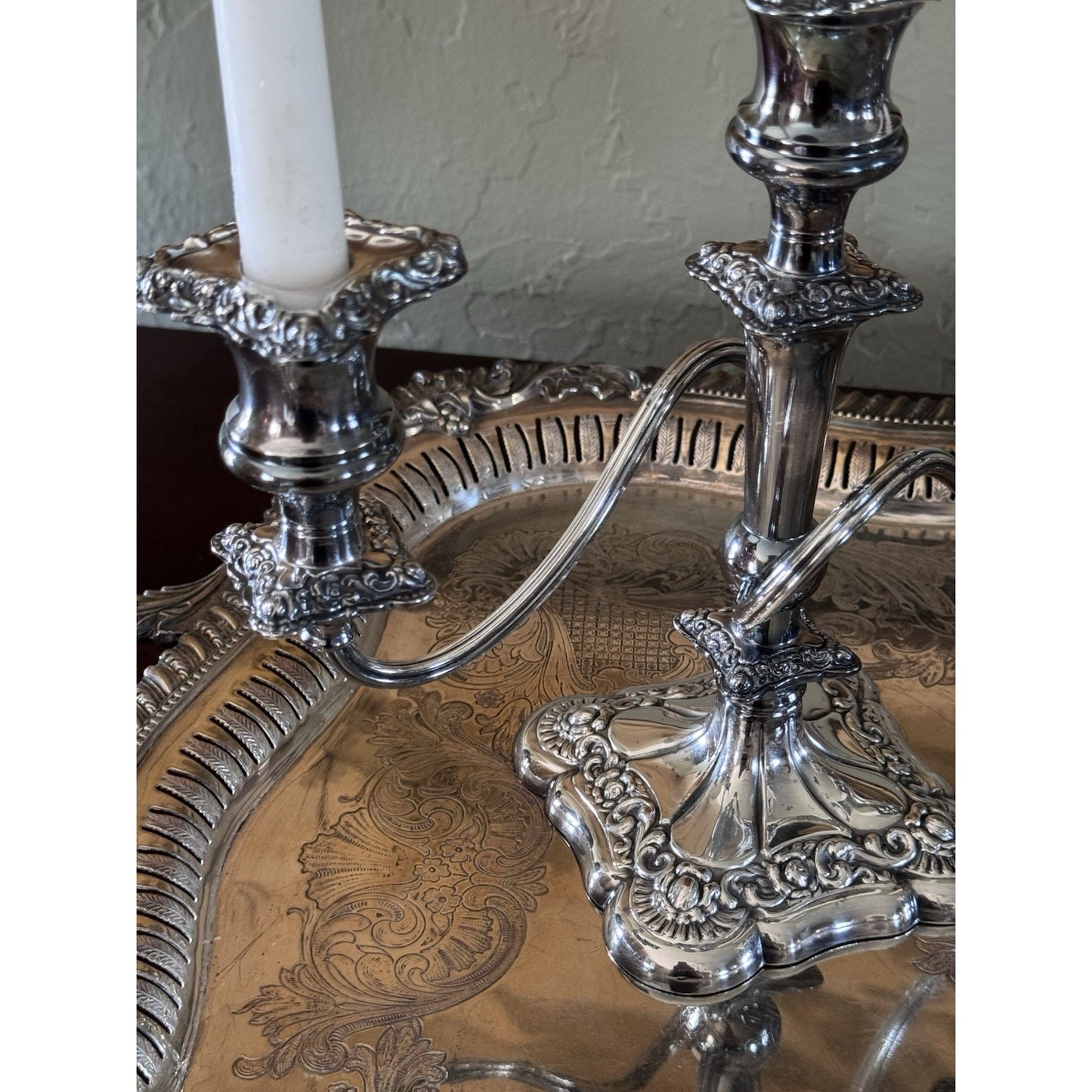 Antique Style Repousse Candelabra Pair Silverplate 3 Light W Snuffers 11”