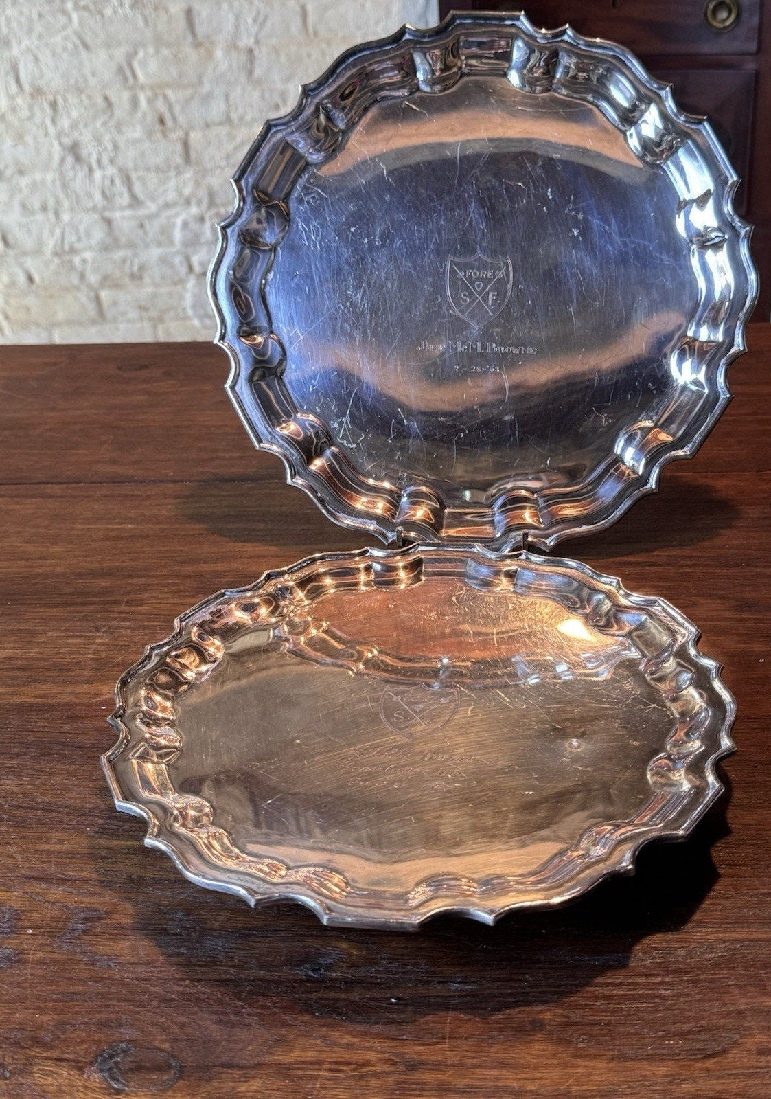 Vintage Silverplate Sport Presentation Salvers Pair 10” & 11.25” Footed 1950s
