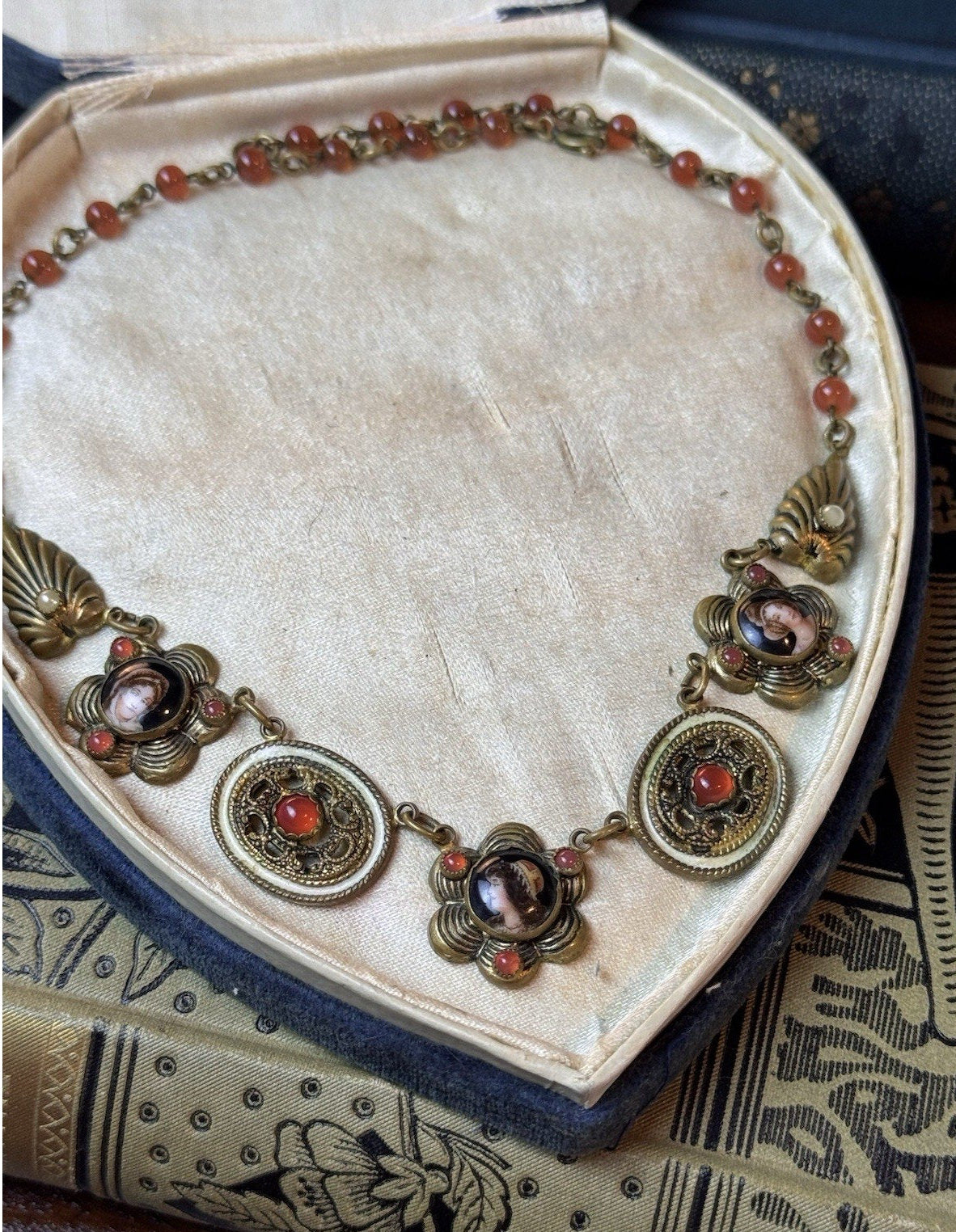 Victorian Revival Brass Necklace Portrait Links Coral Orange Glass Beads 16”