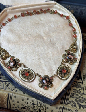 Victorian Revival Brass Necklace Portrait Links Coral Orange Glass Beads 16”