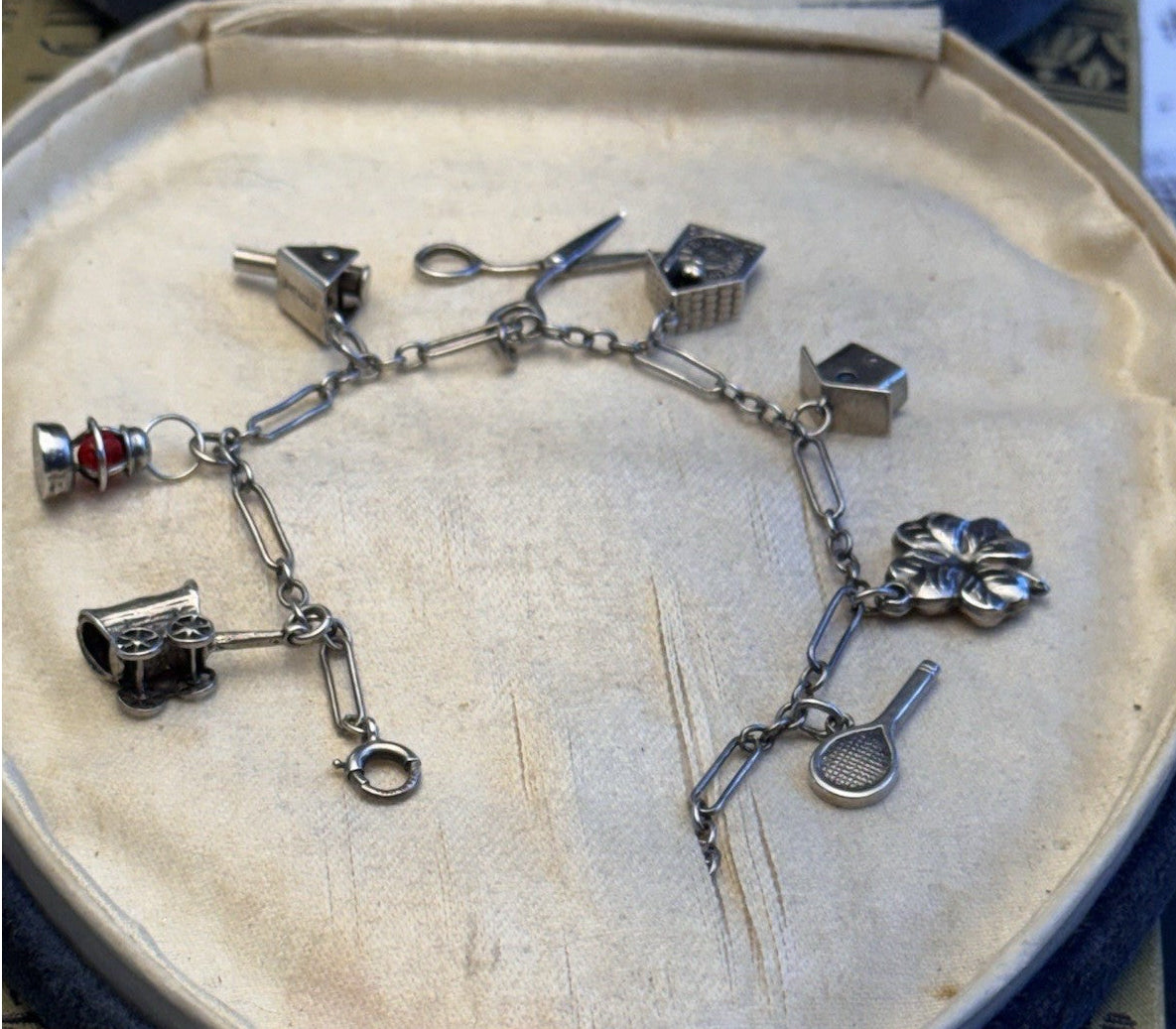 Sterling Silver Charm Bracelet 8 Charms Articulated Scissors & Cannon 6.75