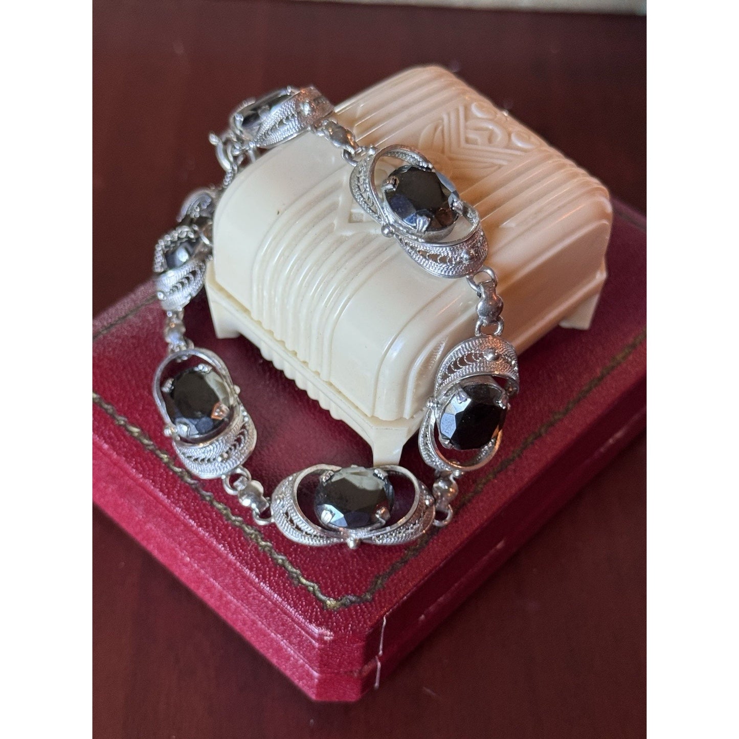 VINTAGE Bracelet Sterling Silver “Hematite” Filigree Link Vintage 7.75”