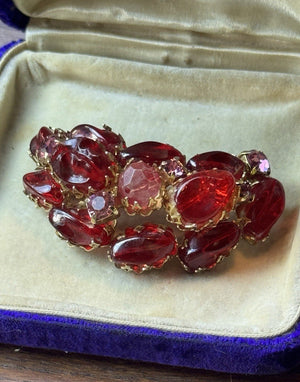 Vintage Brooch Red Lucite 2.25” Goldtone Crescent Cabochon Rhinestone Cluster