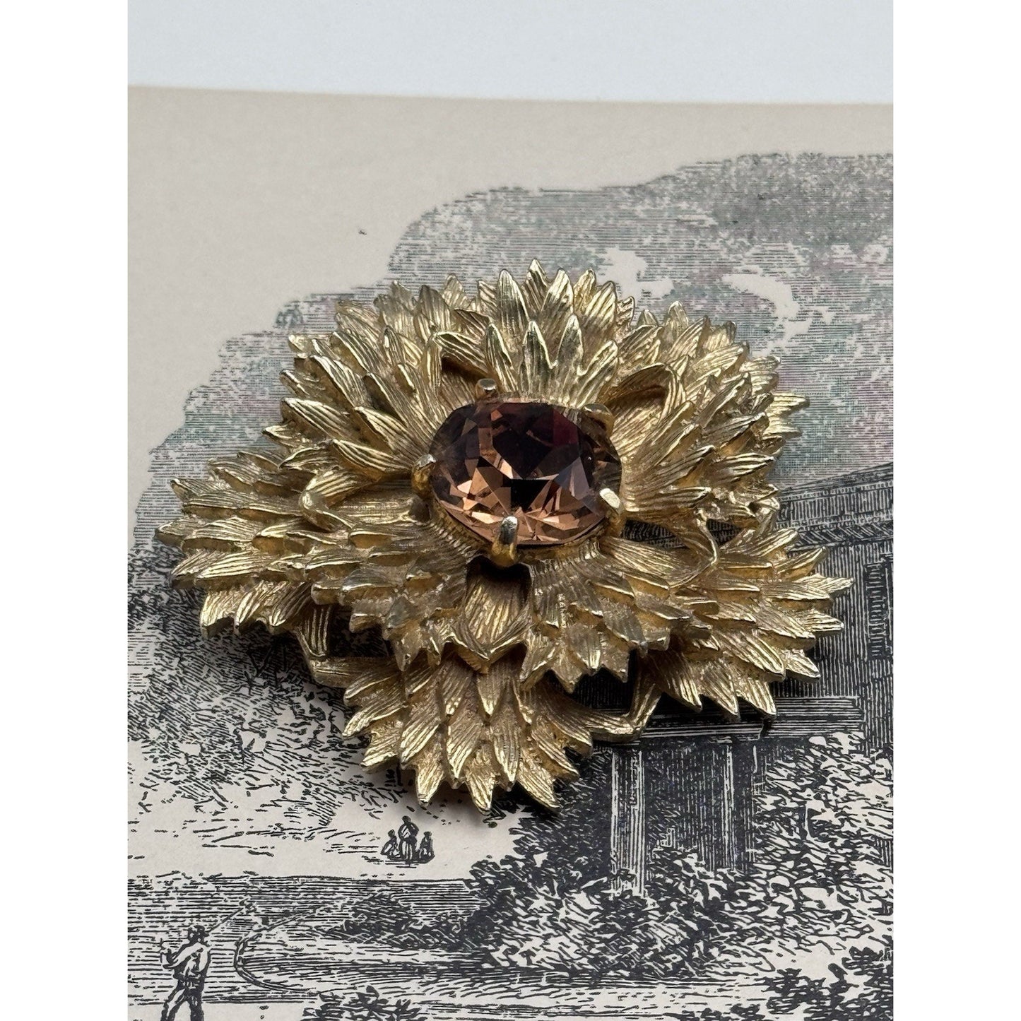 Benedikt NY Brooch Brutalist Smokey Rhinestone Star Burst Signed 2.5”